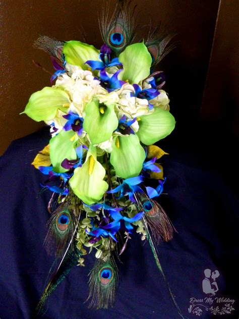 dress my wedding purple blue orchid bouquet hydrangeas lime calla lilies peacock feather