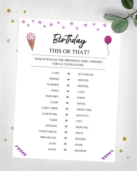 Birthday This Or That Party Game Teen Tween Girl Birthday Game Instant Digital Download