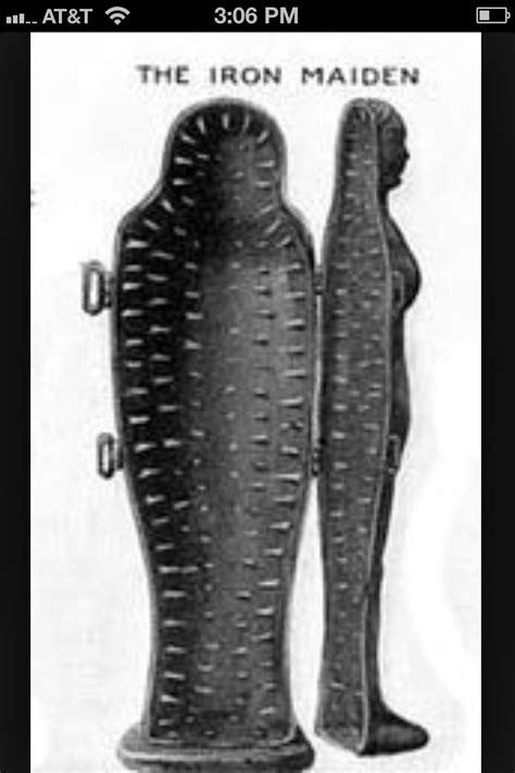 The function of iron maidens closing by themselves is considered to be a myth, heightened by the belief that people of the middle ages were uncivilized; The iron maiden. Torture device. Metaphor for self-torture ...