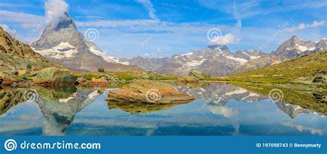 Matterhorn On Riffelsee Lake Stock Image Image Of Reflection