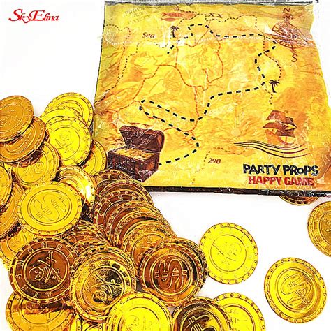 50and100pcs Plastic Gold Coins Treasure Coins Captain Pirate Party Favors