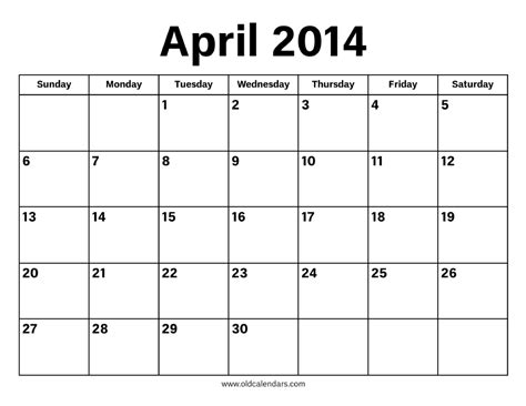 April 2014 Calendar - Printable Old Calendars