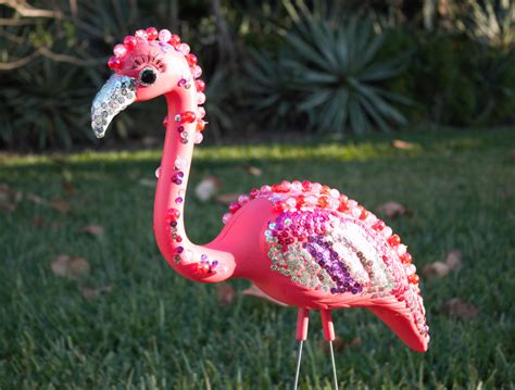 Bedazzled Flamingo Lawn Ornament Pink Plastic Flamingo With