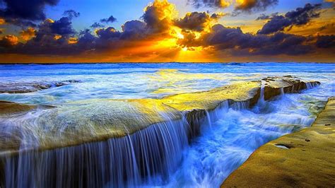 Hd Wallpaper Sunset Water Ocean Waterfall Clouds Wallpaper Flare
