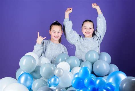 Balloon Theme Party Girls Little Siblings Near Air Balloons Birthday Party Happiness And