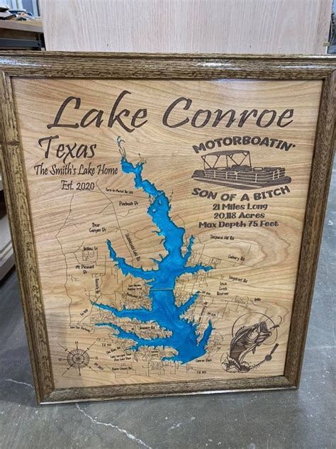 Lake Conroe Texas Custom Laser Engraved Lake Map With Epoxy Etsy