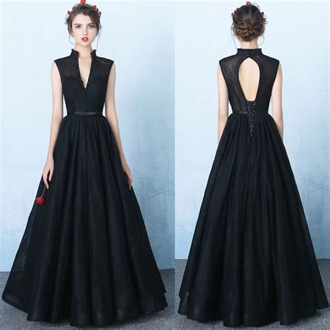 New Design Black Lace V Neck Prom Dressesstandup Neck Backless Ball