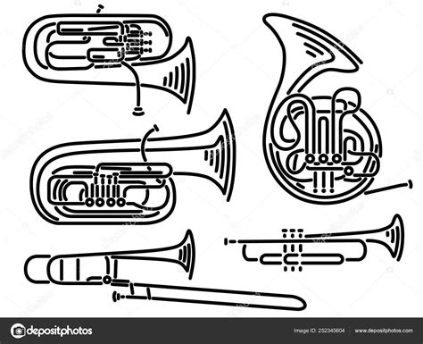 Set Of Vector Brass Wind Musical Instruments Drawn By Lines Stock