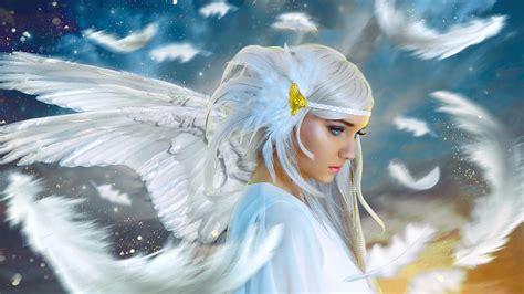 1920x1080 Blue Feather Fantasy Wings Girl Angel White