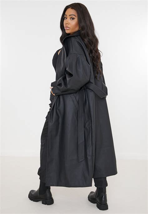 Plus Size Black Faux Leather Belted Balloon Sleeve Oversized Trench Coat | Missguided