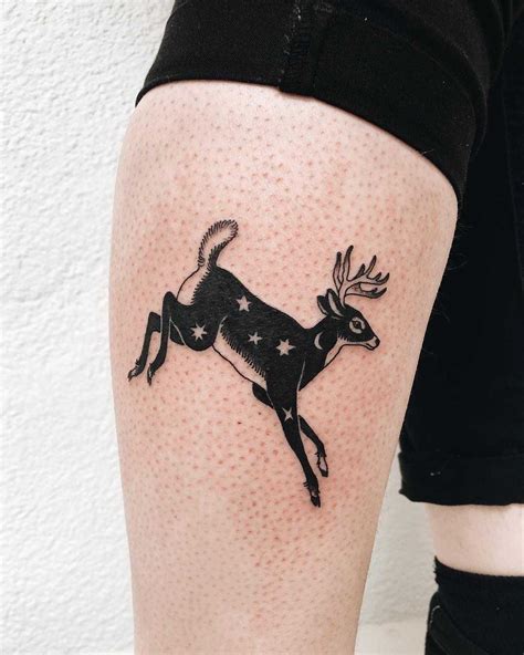 Jumping Deer Tattoo Inked On The Right Calf By Finley Jordan Pig Tattoo