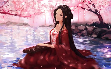 Download Cute Anime Girl Cherry Flowers Music Play 2560x1600