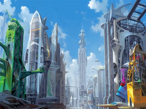 A Futuristic City With Tall Buildings And Lots Of Colorful Objects In