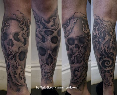 Monki Do Tattoo Studio Black And Grey Skulls Leg Tattoo