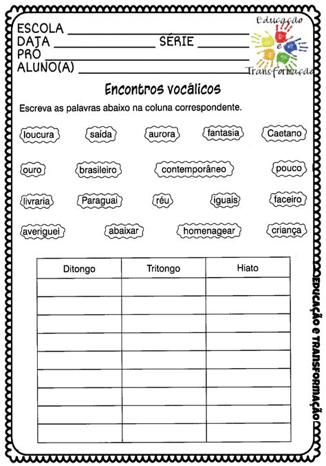 Exercícios De Ditongo Tritongo E Hiato Com Gabarito Ensino Fundamental