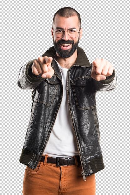 Premium Psd Man Wearing A Leather Jacket Pointing To The Front
