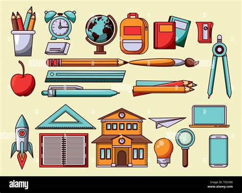 Los útiles Escolares Y Símbolos De Dibujos Animados Imagen Vector De