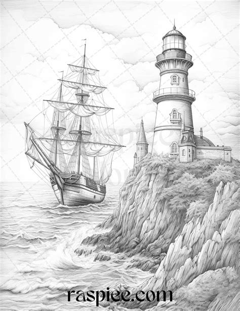 40 Majestic Lighthouses Grayscale Coloring Pages Printable For Adults