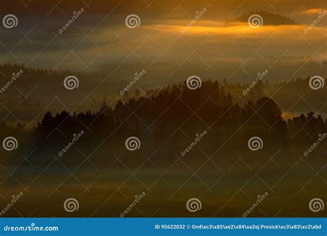 Foggy Landscape With Sunrise Cold Misty Foggy Morning With Sunrise In