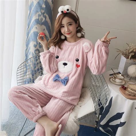Women Cute Pajamas Autumn Winter Flannel Kawaii Bear Bow Tie Pyjama Set