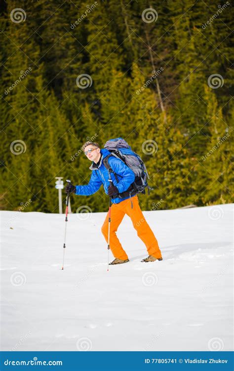 Mountain Climber Walks On A Snowy Slope Stock Image Image Of