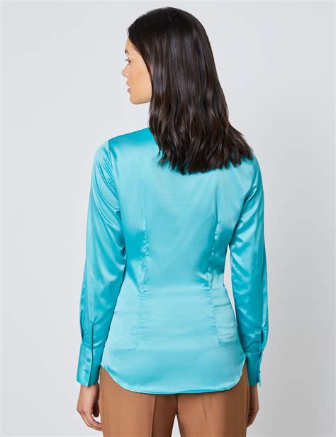 women s ocean blue fitted satin shirt single cuff hawes and curtis