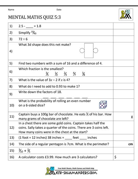 Mental Maths Practise Year 5 Worksheets