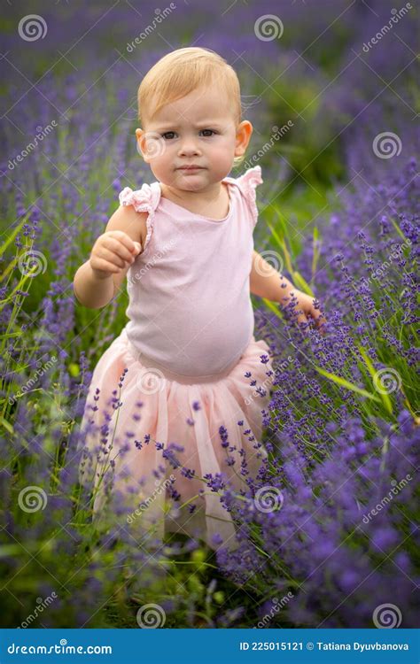 Smiling Baby Girl In Pink Dress In A Lavender Field Czech Republic