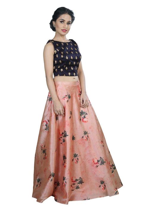 Trendy Coral And Navy Floral Print Lehenga And Crop Top Set Skirt And