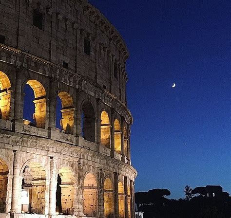 Colosseum Lit Up At Night With Moon In The Background Rome Italy 🌙🏟