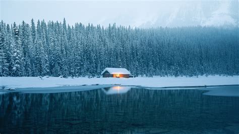 1920x1080 Landscape Lake Cabin Winter Nature Wallpaper  661 Kb