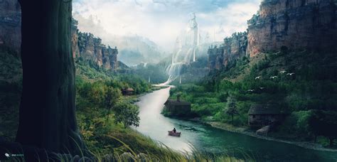 Landscape River Mountains Stream Waterfall Boat