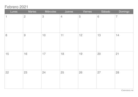 Vea aquí la versión online de calendario 2021. Calendario febrero 2021 para imprimir - iCalendario.net