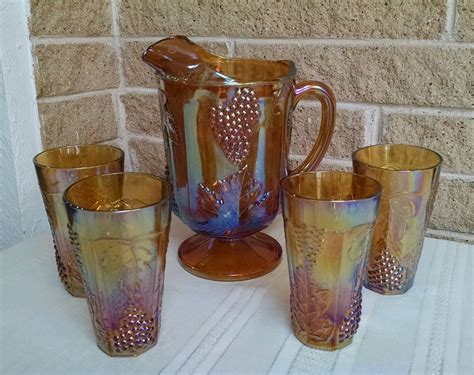 Carnival Glass Pitcher And 4 Tumblers Glasses Harvest Gold Etsy