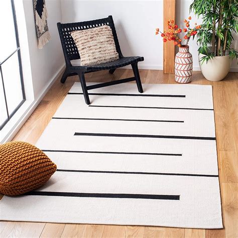 Modern Striped Scandinavian Flat Weave Rug Black And White High
