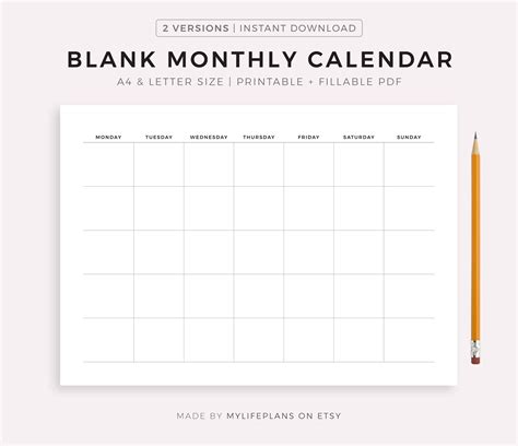 Blank Monthly Calendar Printable Landscape Minimalist Etsy Canada