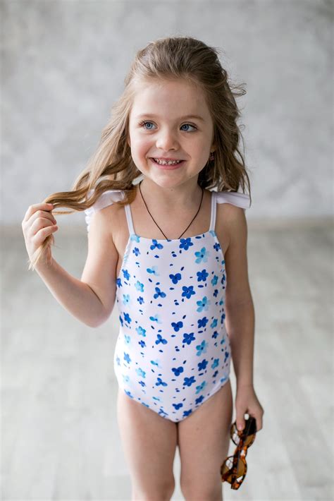White Girls Swimsuit With Floral Pattern And Ruflles Etsy