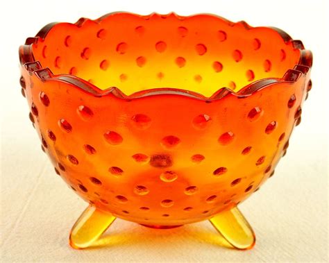 Three Footed Amberina Glass Bowl Vase Hobnail Surface Etsy