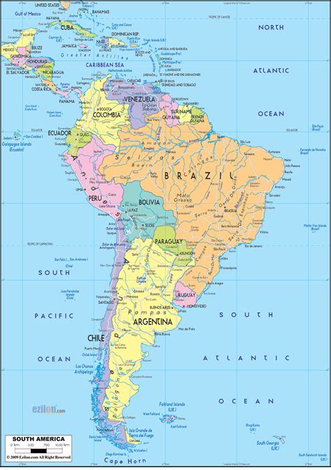 The united states of america is a vast country in north america about half the size of russia and about the same size as china. Political Map of South America - Ezilon Maps