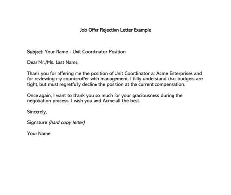 Sample Letter Rejecting A Job Offer Due To Salary