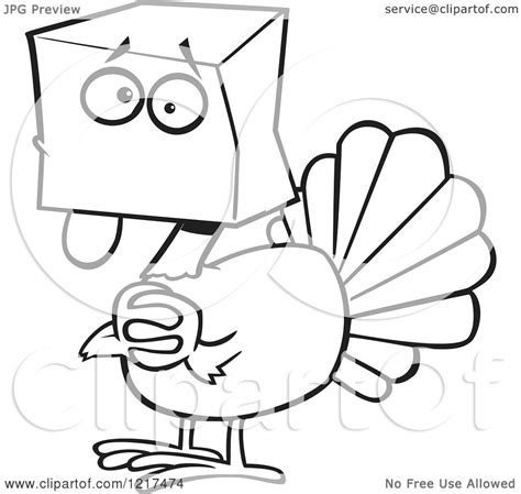 Clipart Of An Outlined Scared Cartoon Turkey Bird Hiding Under A Bag