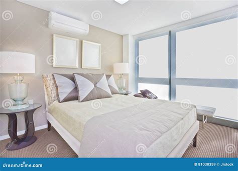 Luxury Interior Bedroom With Modern Single Bed Included Mattress Stock