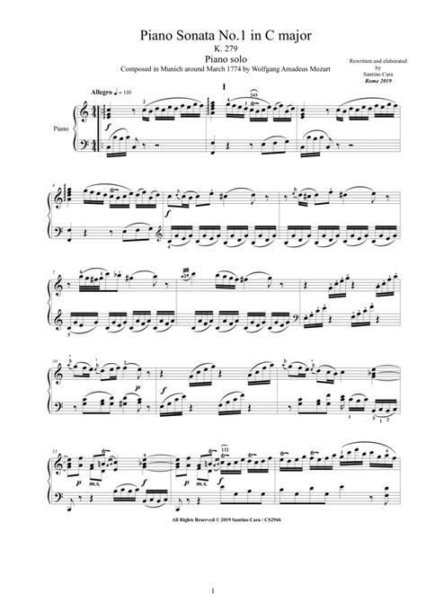 Mozart Piano Sonata No1 In C Major K 279 Complete Score Arr