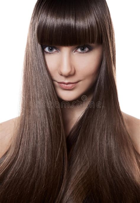 Portrait Of A Beautiful Brunette Woman With Long Straight Hair Stock