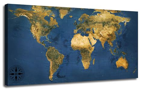 Buy Acocifi Blue World Map Wall Art Canvas Retro Old Map Of The World