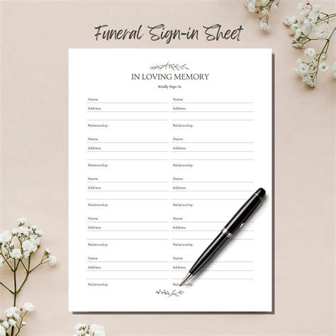 Funeral Sign in Sheet Printable Funeral Guest Book Insert Printable