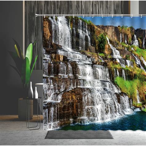 Natural Scenery Shower Curtain Forest Waterfall Pattern Bathroom