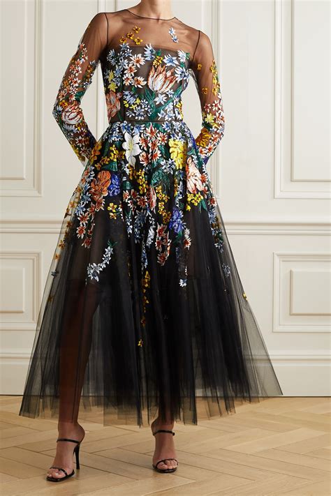 Black Embellished Floral Print Tulle Midi Dress Oscar De La Renta In 2021 Tulle Midi Dress