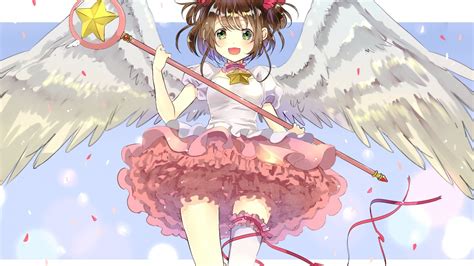 Download 1920x1080 Wallpaper White Wings Stick Anime Girl Cute Sakura Kinomoto Full Hd