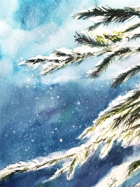 Matted 17 X 14 Snowy Tree Branch Original Watercolor Painting Handmade